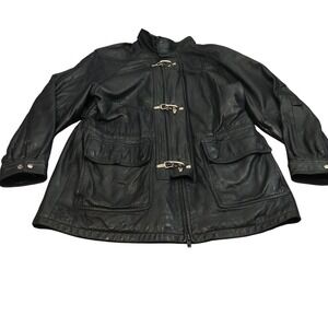 Tannery West Vtg Genuine Black Leather Fireman Lobster Clasp Jacket Coat XL